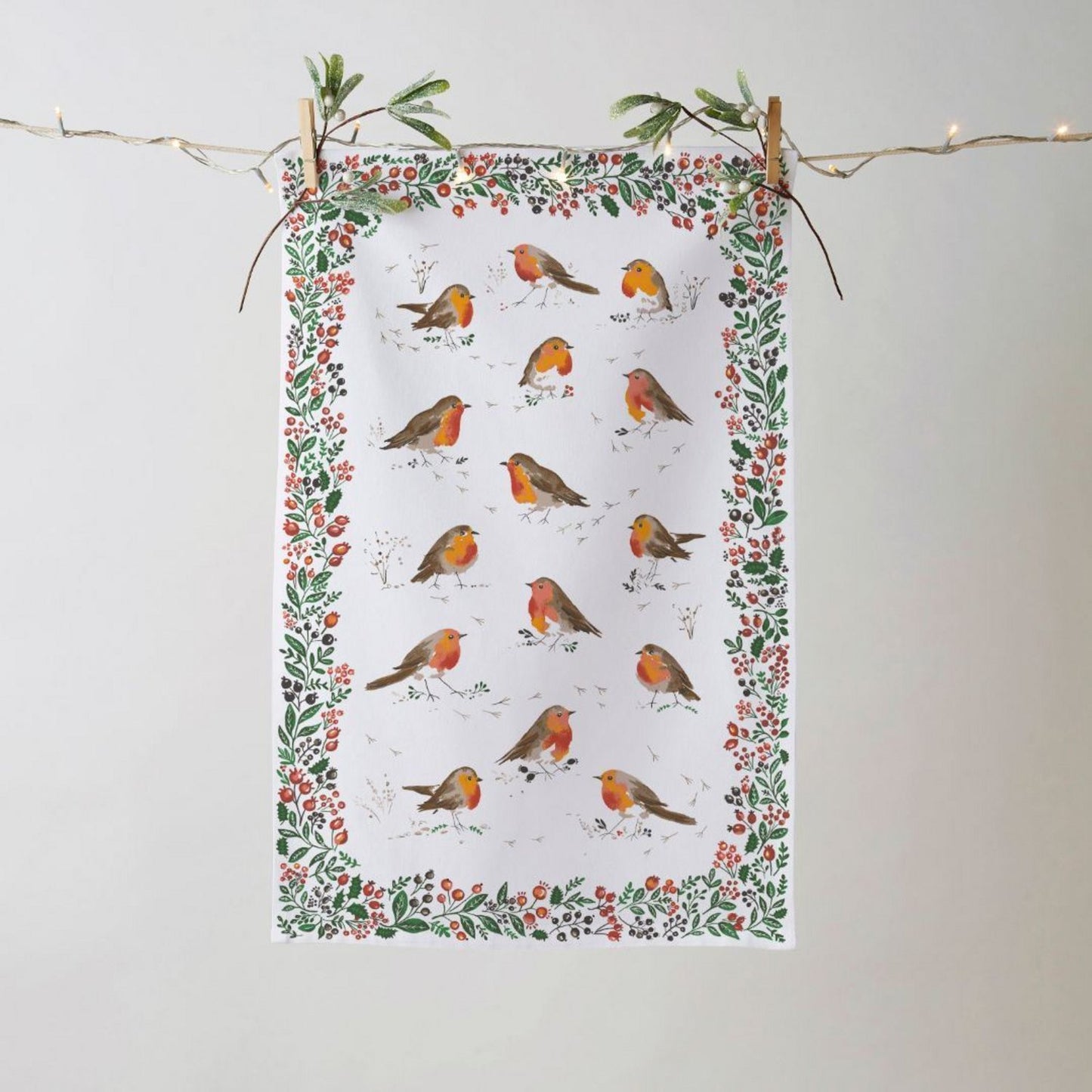 Robins and Berry Border White Tea Towel Cotton