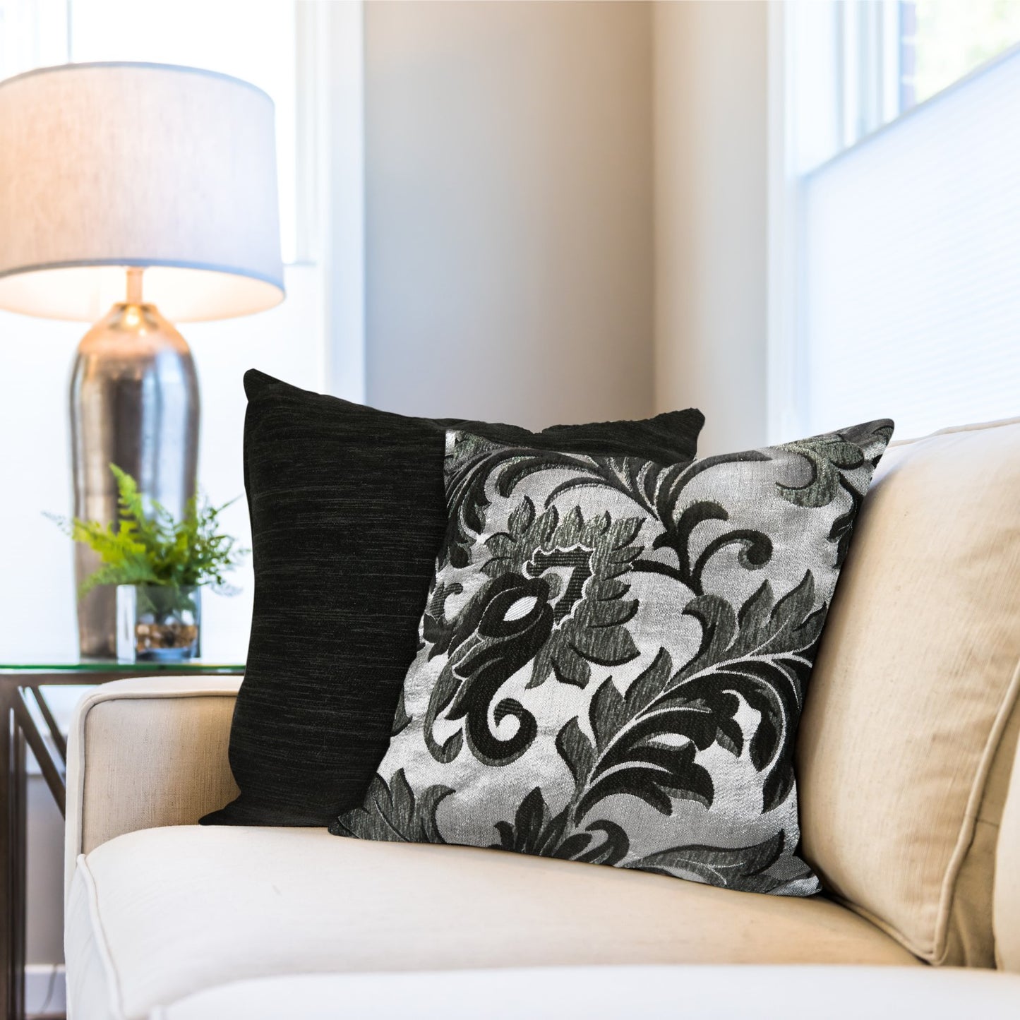 Rome Black Damask Chenille Cushion Cover Pair