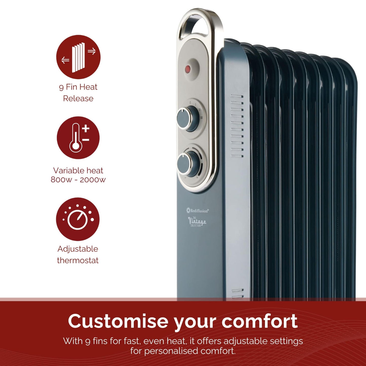 Rediffusion Vintage Blue 9 Fin Oil Filled Radiator
