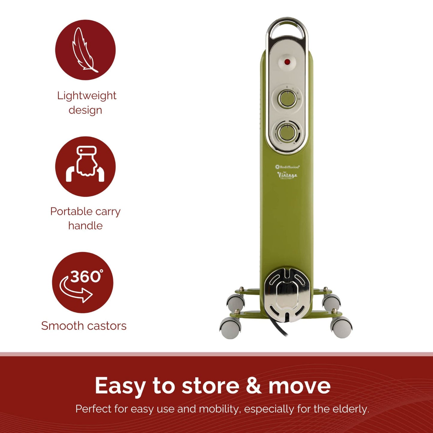 Rediffusion Vintage Green 9 Fin Oil Filled Radiator