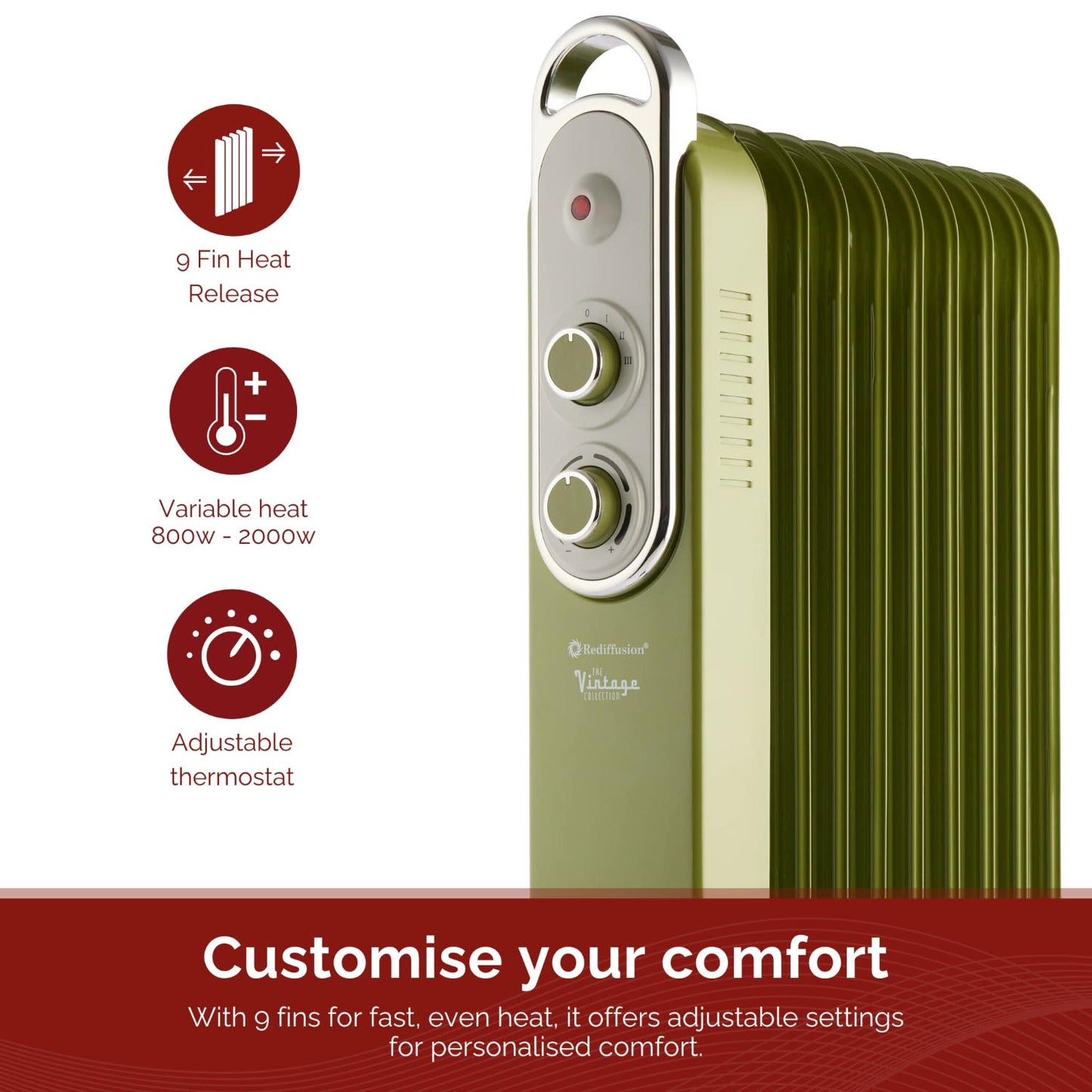 Rediffusion Vintage Green 9 Fin Oil Filled Radiator