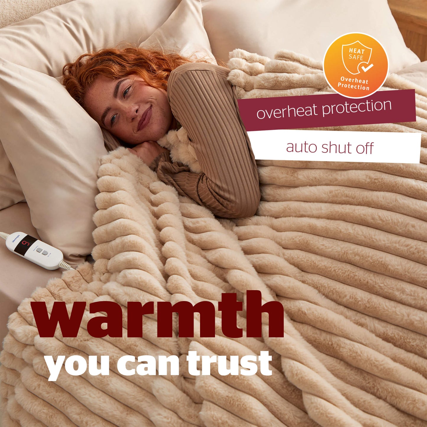 Silentnight Luxury Ribbed Faux Fur Natural Heated Throw