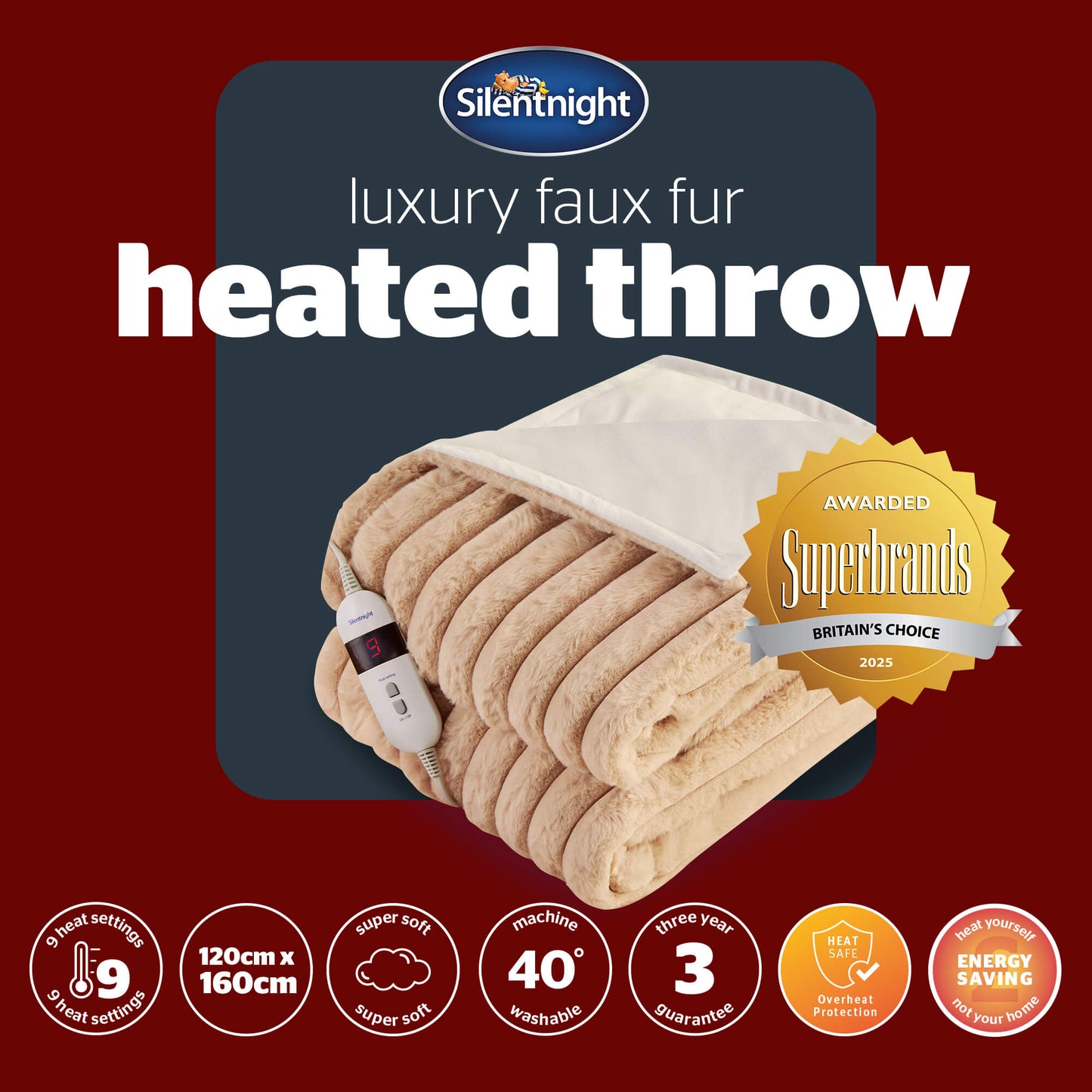 Silentnight Luxury Ribbed Faux Fur Natural Heated Throw