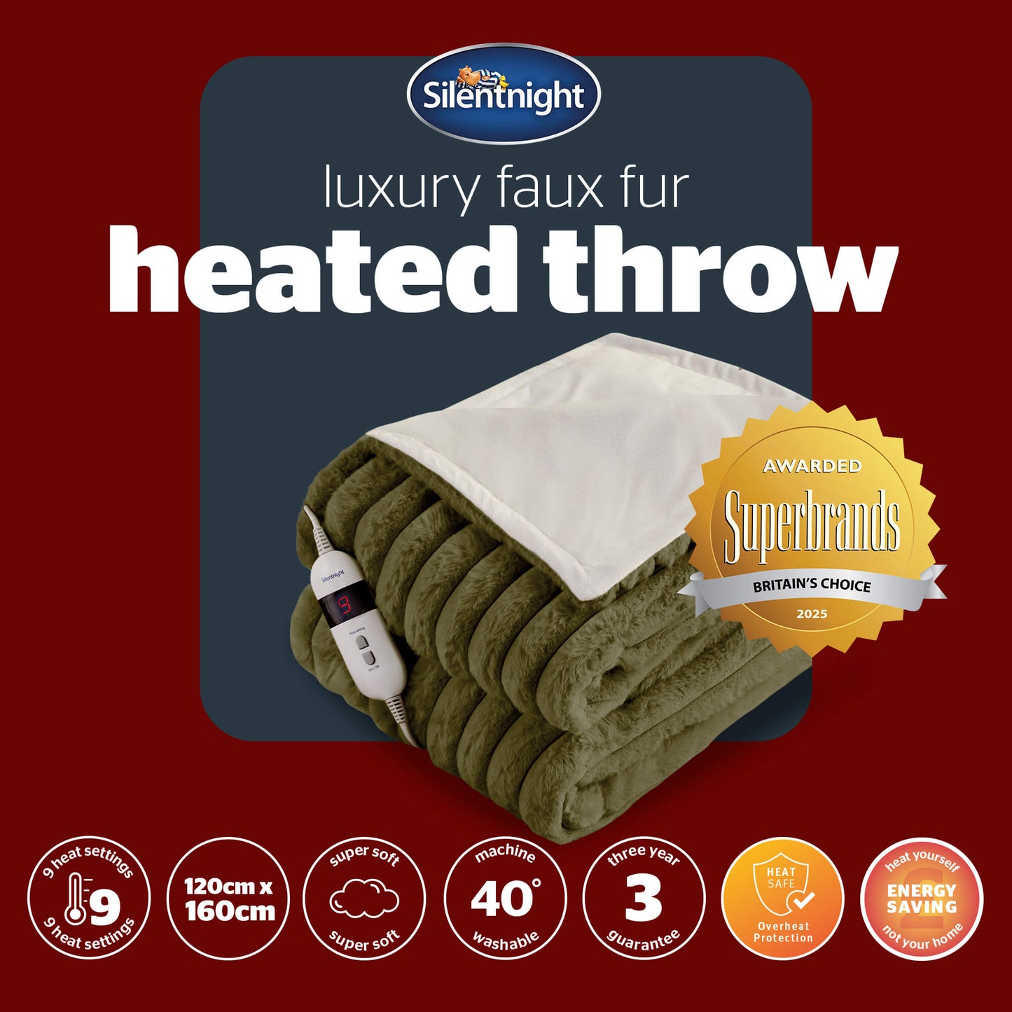 Silentnight Luxury Ribbed Faux Fur Green Heated Throw