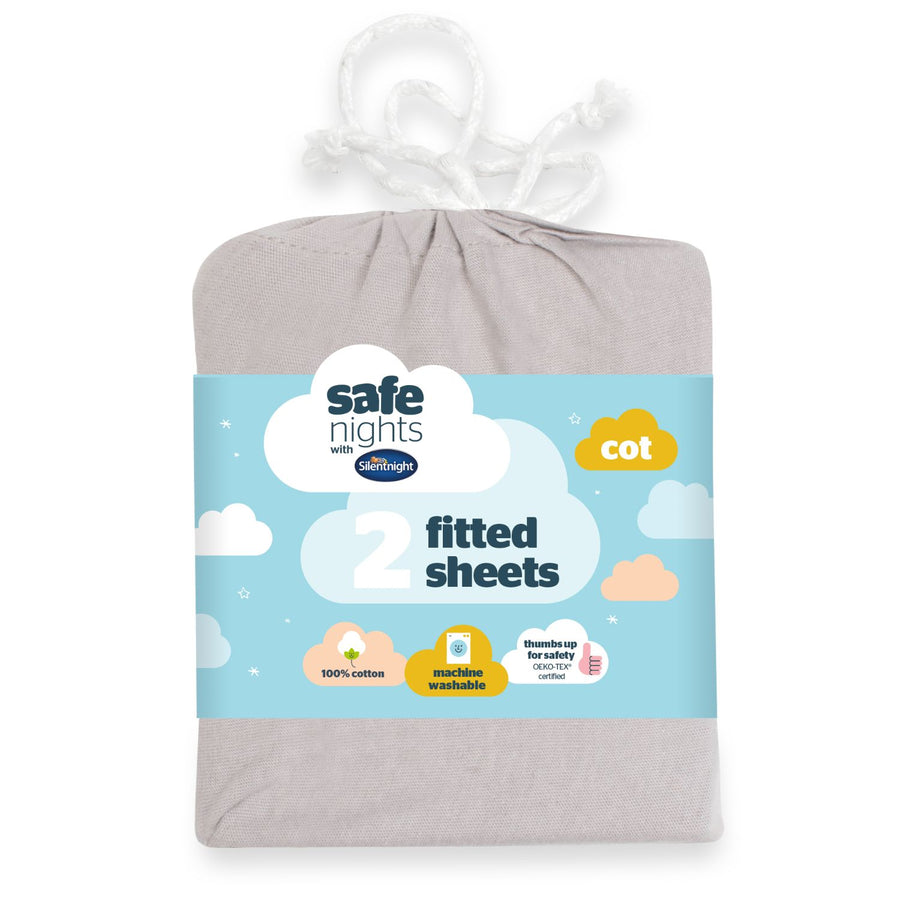 Silentnight Safe Nights Grey 100% Cotton Baby Fitted Sheet (2 Pack)
