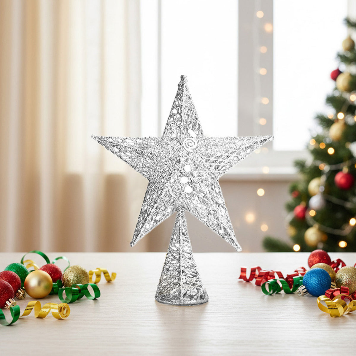 Silver Sequin Star Christmas Tree Topper 40cm