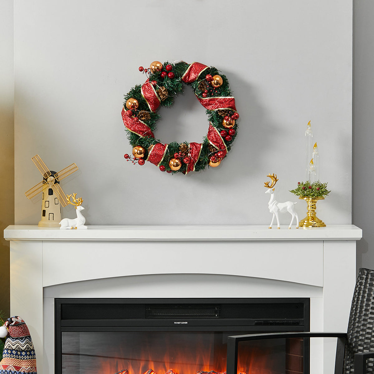 LED Red Christmas Wreath with Pine Cones 30cm