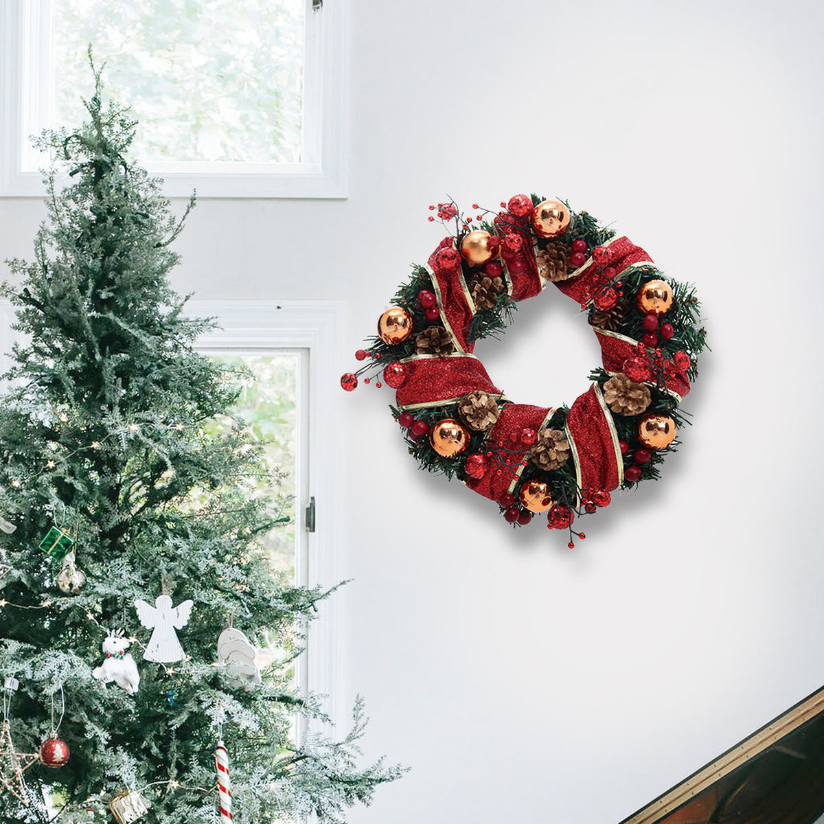 LED Red Christmas Wreath with Pine Cones 30cm