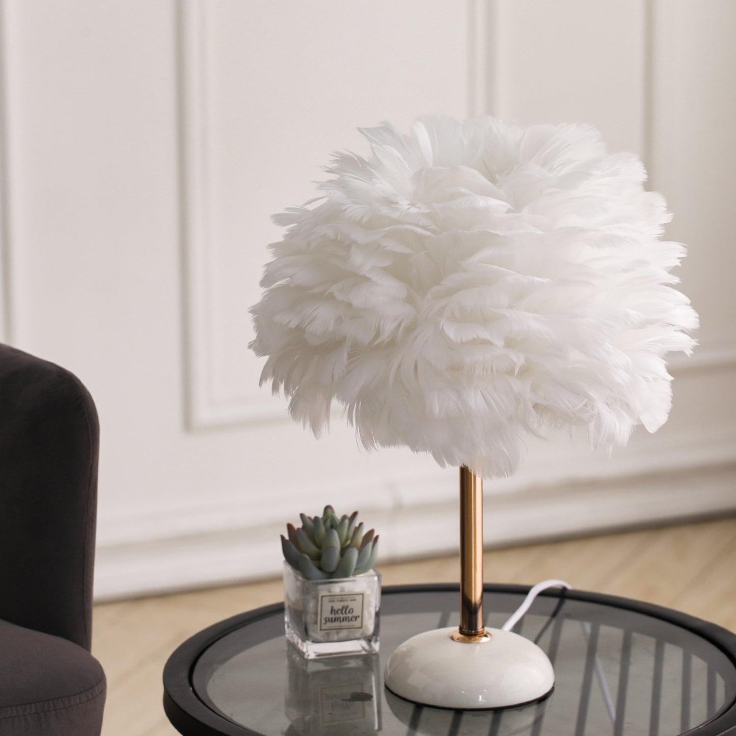 Faux Feather White LED Bedside Lamp