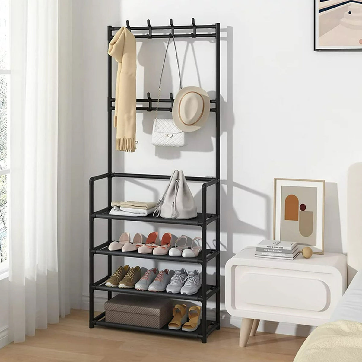 Hallway 4 Tier Shoe Rack with Coat Hanger