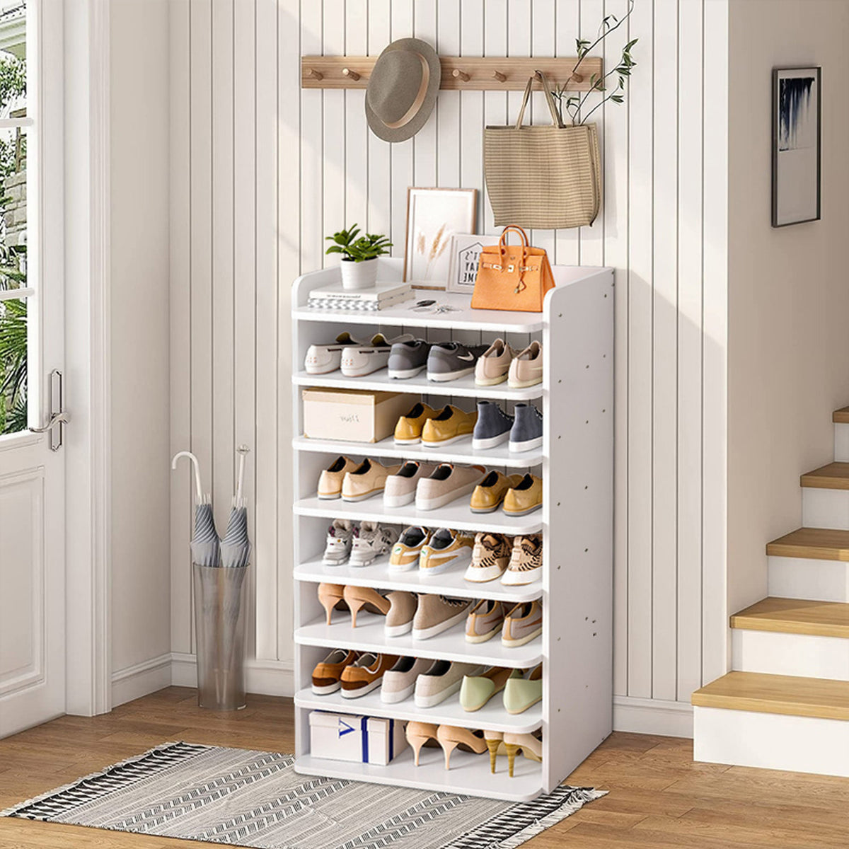 8-Tier White Wooden Shoe Rack