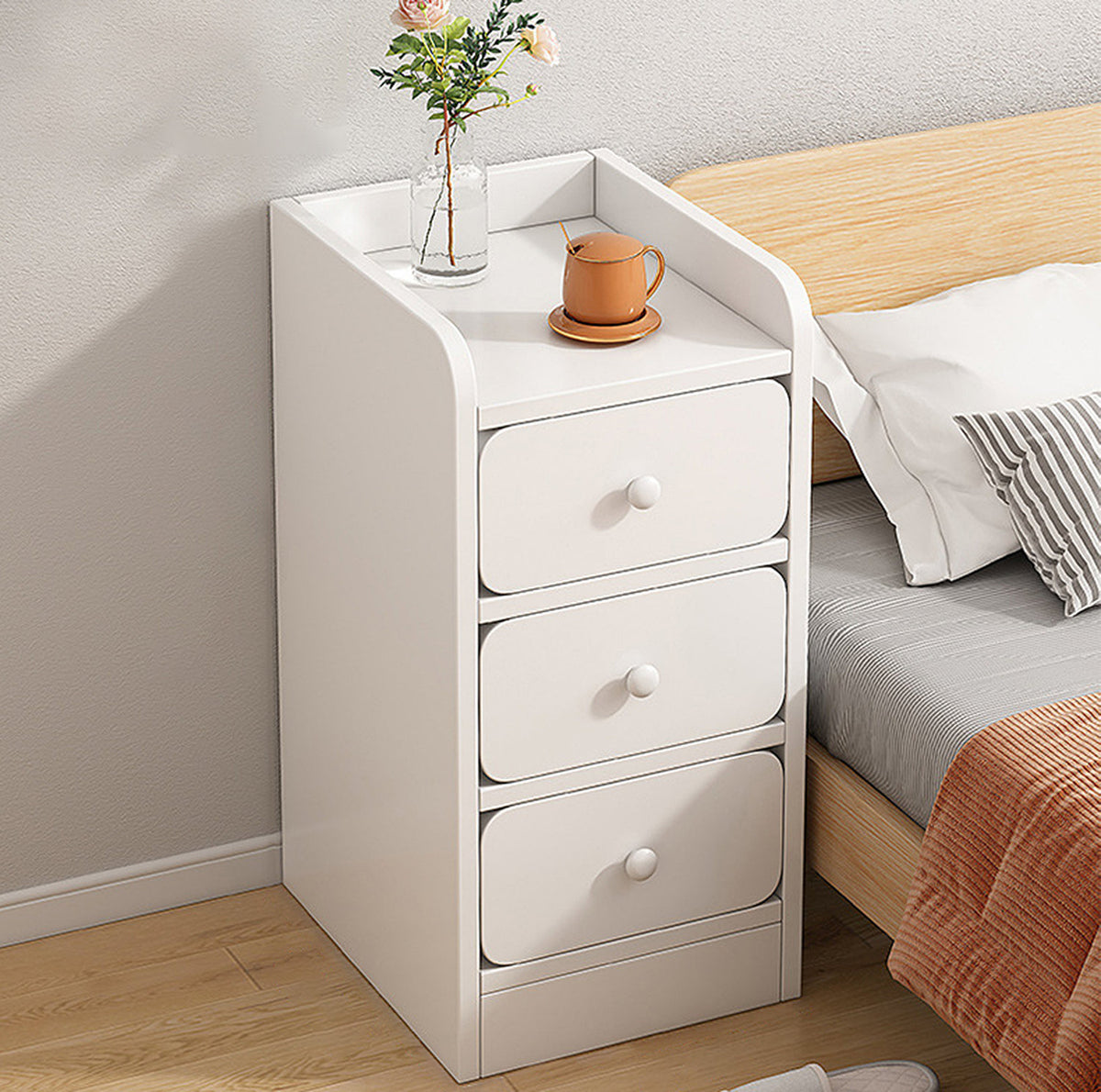 Bedside Table 3 Drawer Warm White with Raised Edge