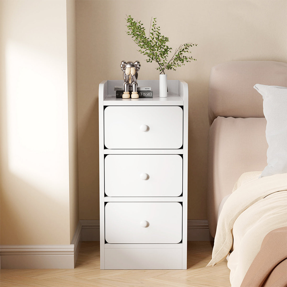 Bedside Table 3 Drawer Warm White with Raised Edge