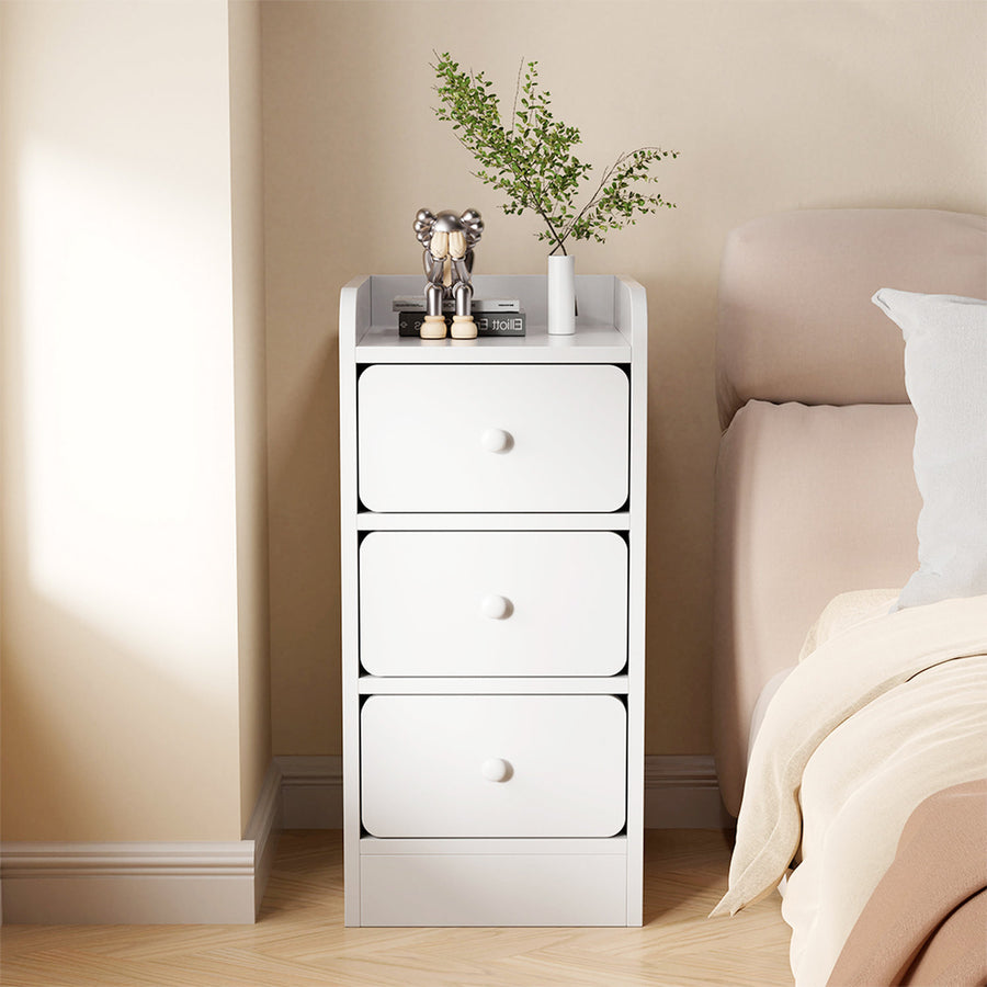 Bedside Table 3 Drawer Warm White with Raised Edge