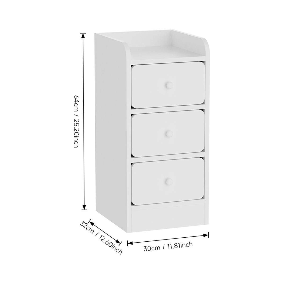 Bedside Table 3 Drawer Warm White with Raised Edge