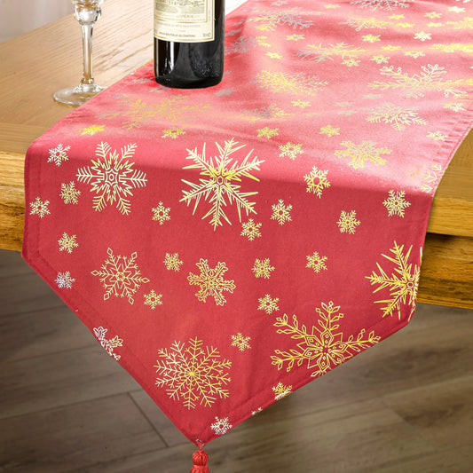 Snowflake Red Foil Print Christmas Table Runner