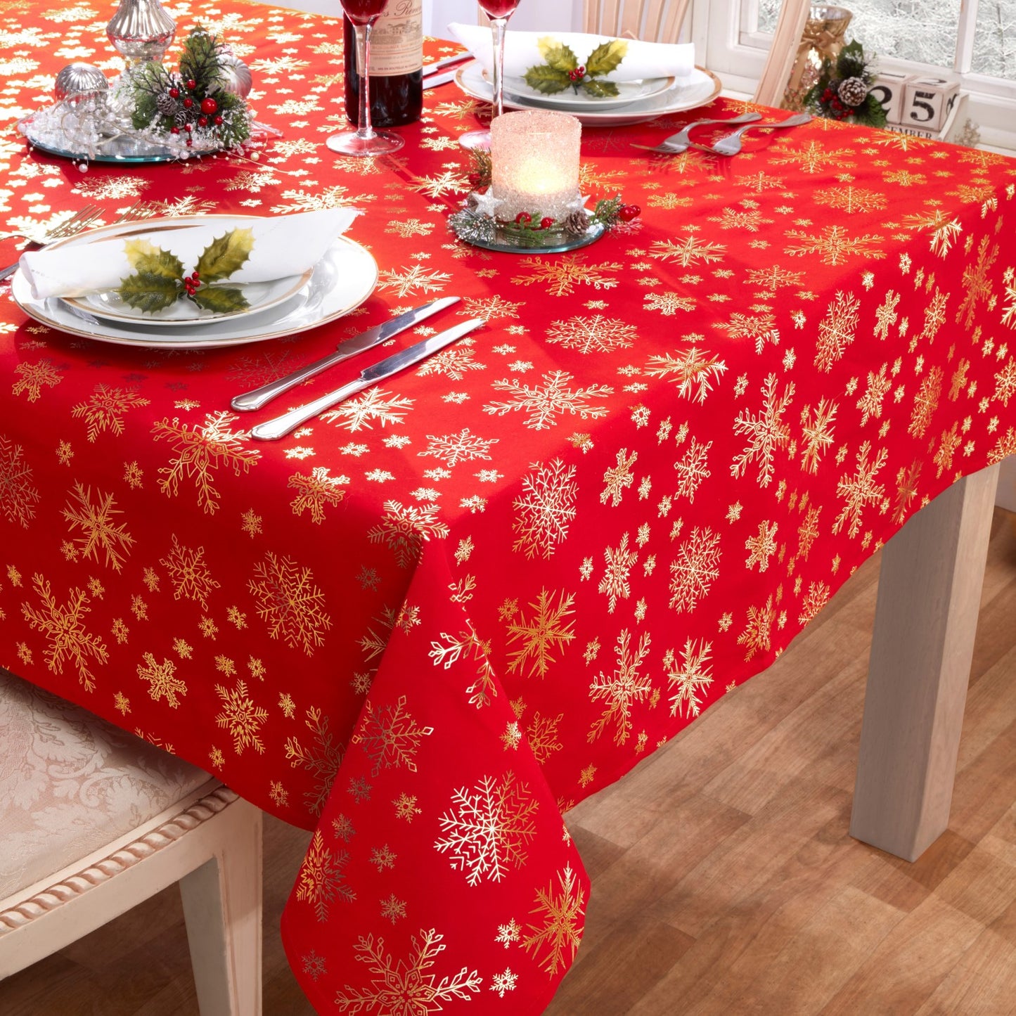 Snowflake Red Foil Print Christmas Table Cloth