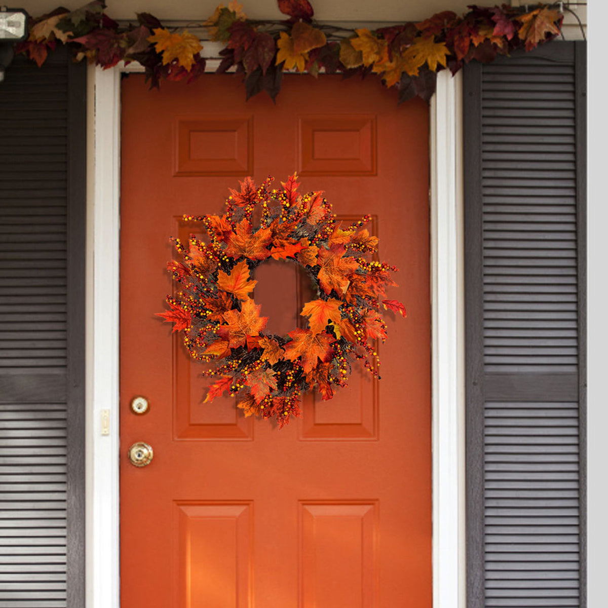Autumn Harvest LED Wreath with Maple Leaves Twigs & Berries 45cm