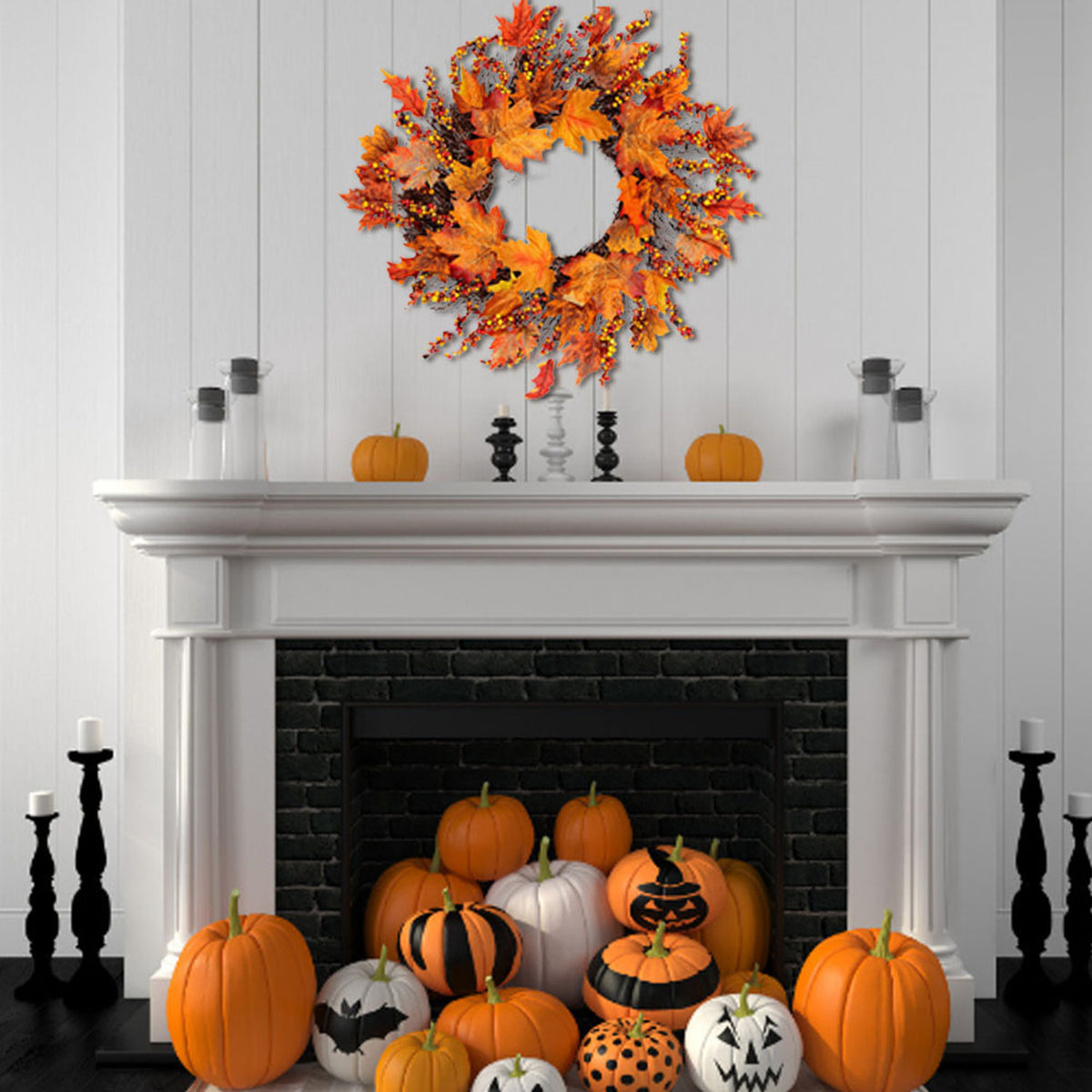 Autumn Harvest LED Wreath with Maple Leaves Twigs & Berries 45cm