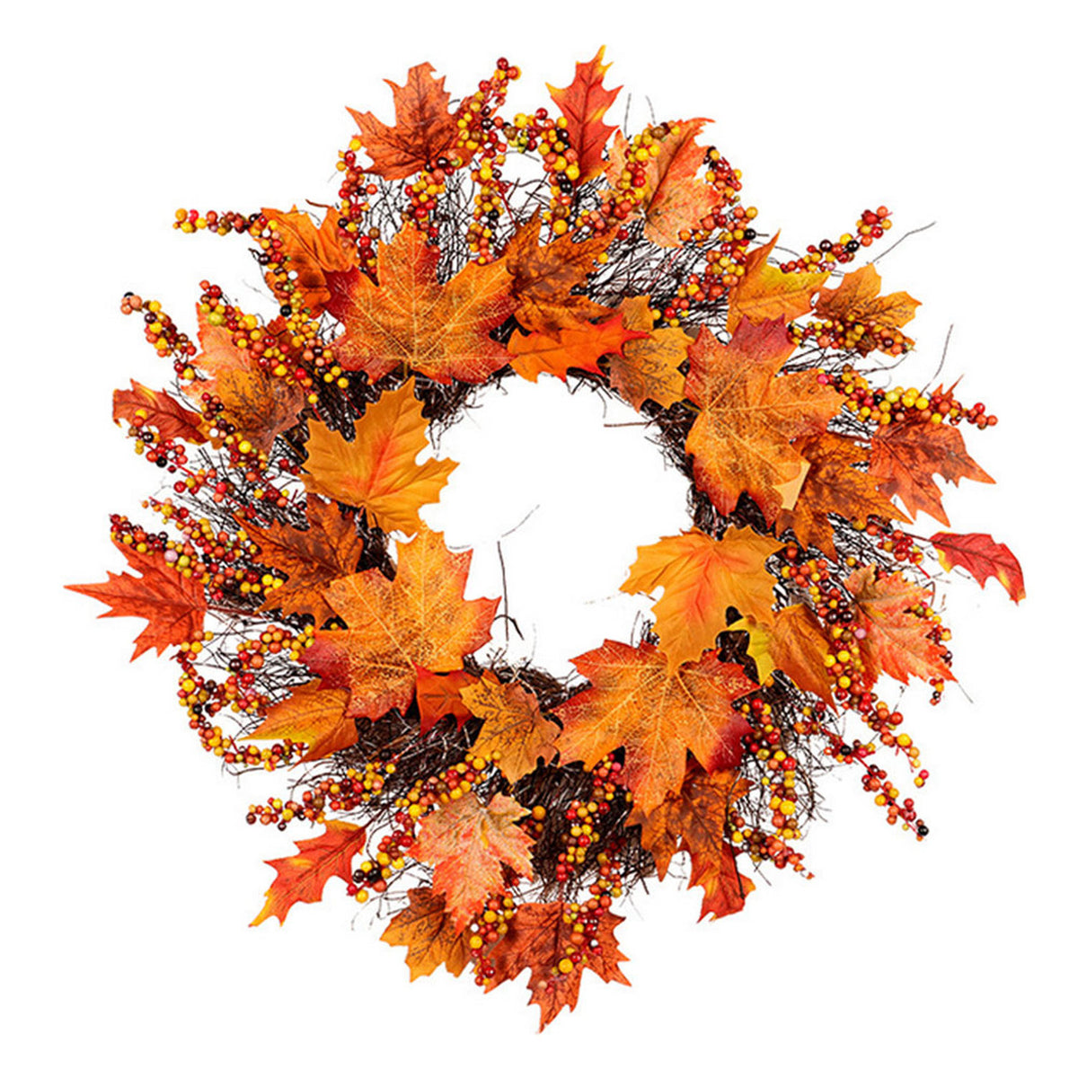 Autumn Harvest LED Wreath with Maple Leaves Twigs & Berries 45cm
