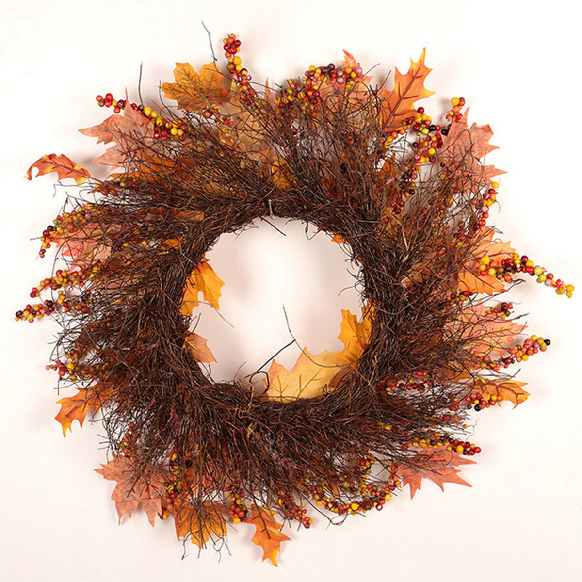 Autumn Harvest LED Wreath with Maple Leaves Twigs & Berries 45cm