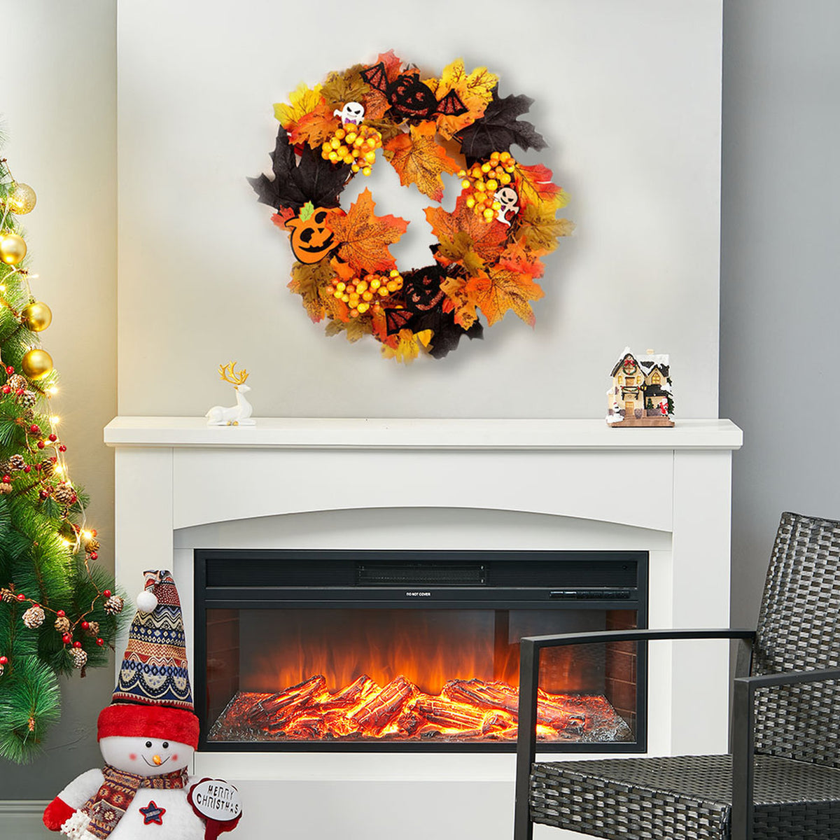 Autumn Harvest Halloween Theme Door Wreath with Lights 35cm