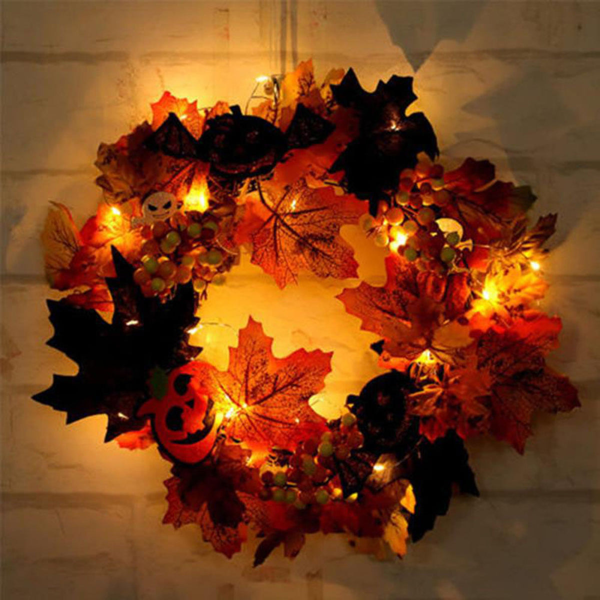 Autumn Harvest Halloween Theme Door Wreath with Lights 35cm