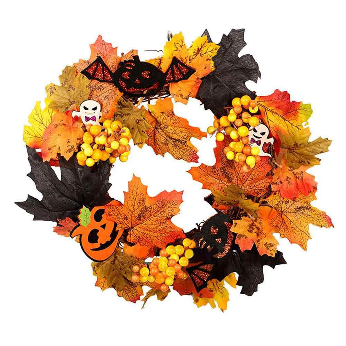 Autumn Harvest Halloween Theme Door Wreath with Lights 35cm