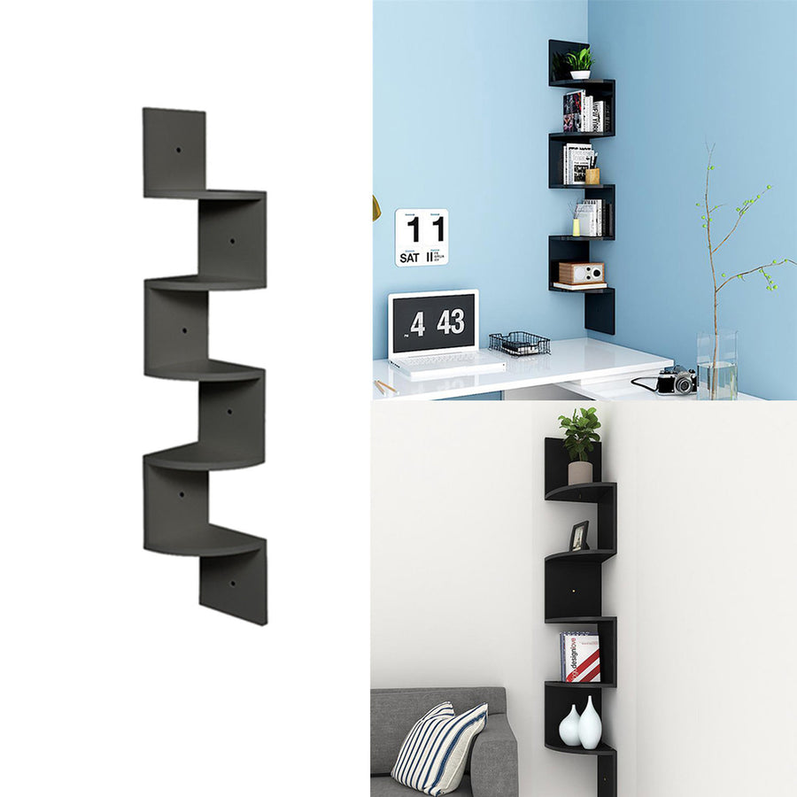 5 Tier Black Wooden Zigzag Floating Corner Shelf