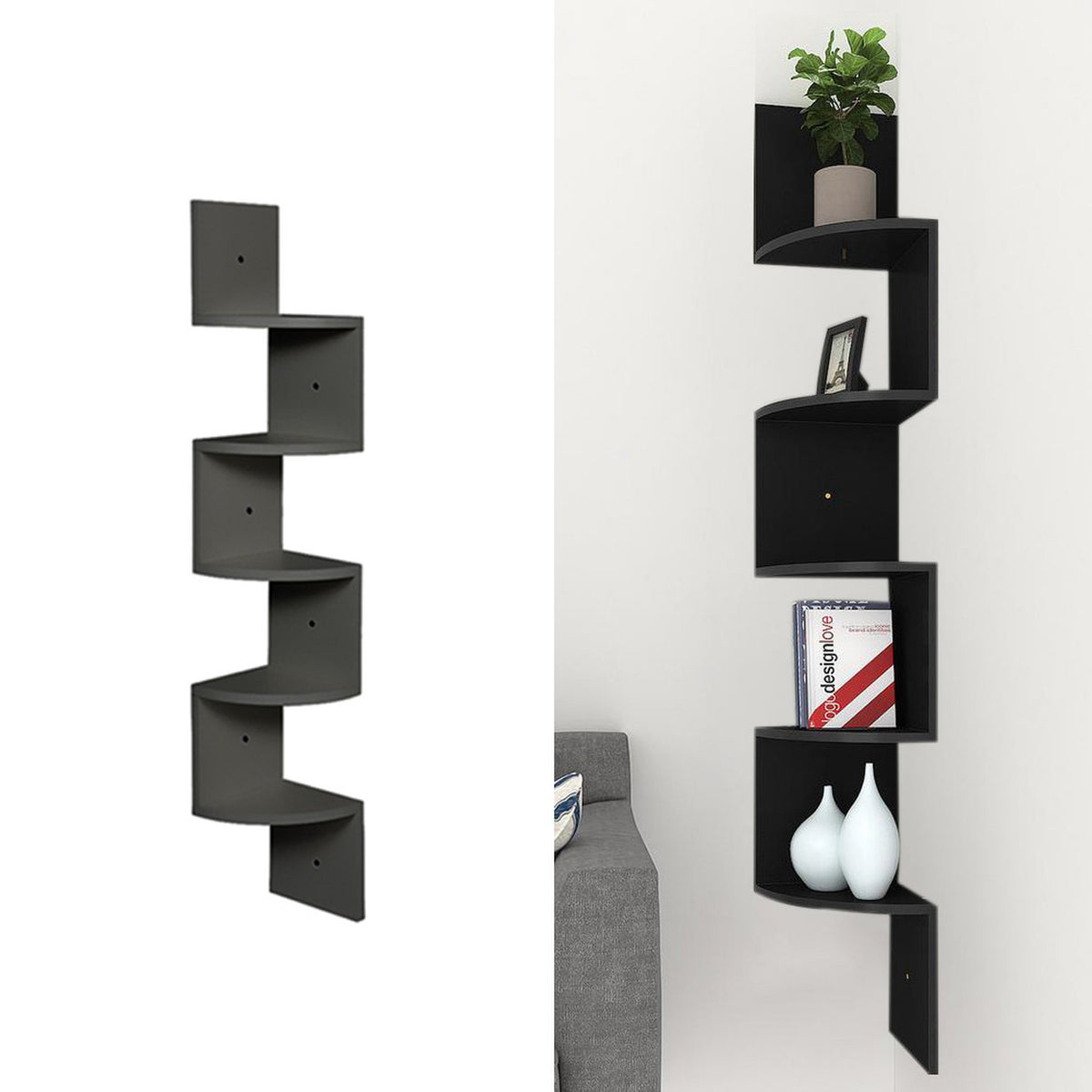 5 Tier Black Wooden Zigzag Floating Corner Shelf