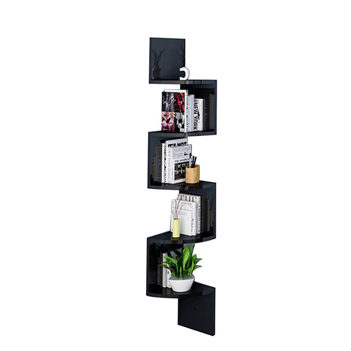 5 Tier Black Wooden Zigzag Floating Corner Shelf