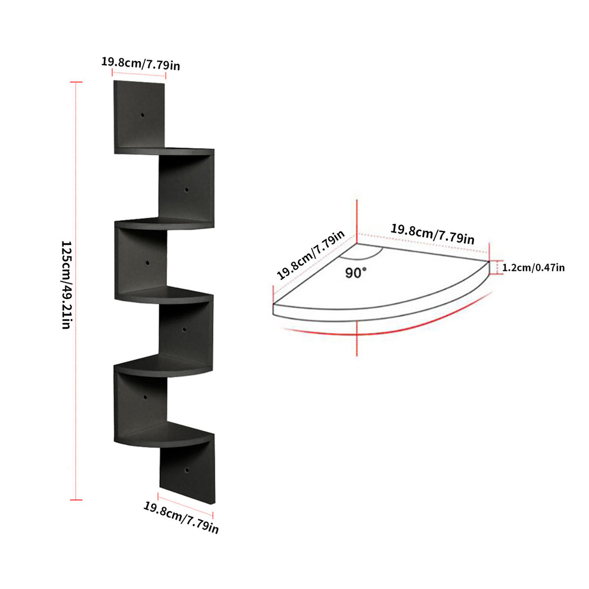 5 Tier Black Wooden Zigzag Floating Corner Shelf