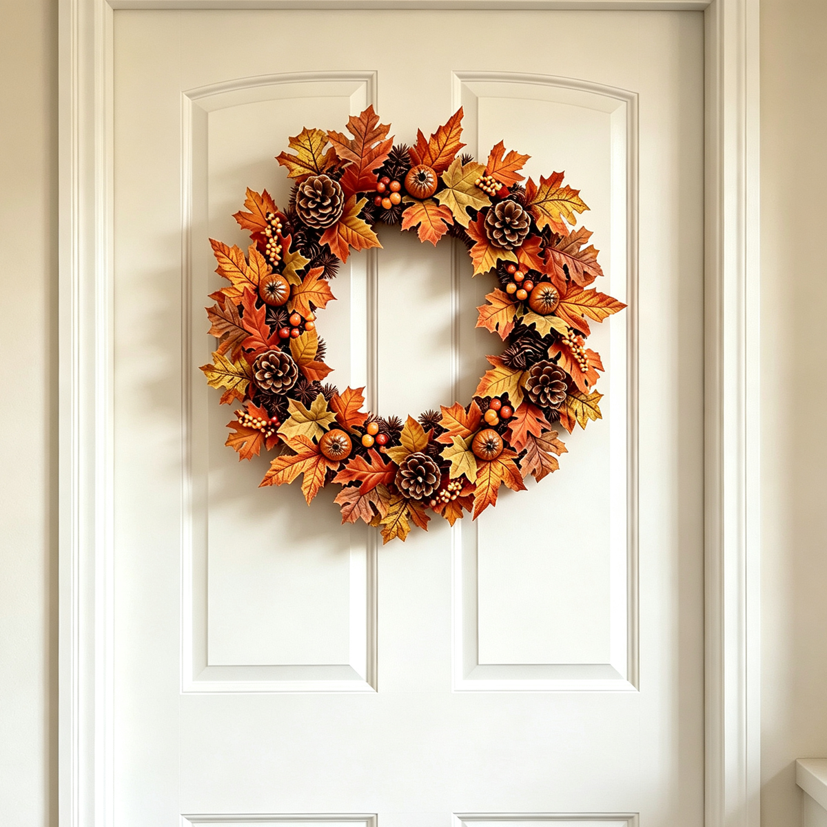 Autumn Harvest LED Wreath with Maple Leaves Pumpkins & Pinecones 60cm