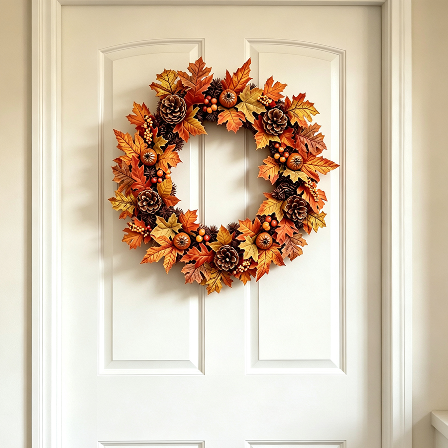 Autumn Harvest LED Wreath with Maple Leaves Pumpkins & Pinecones 60cm