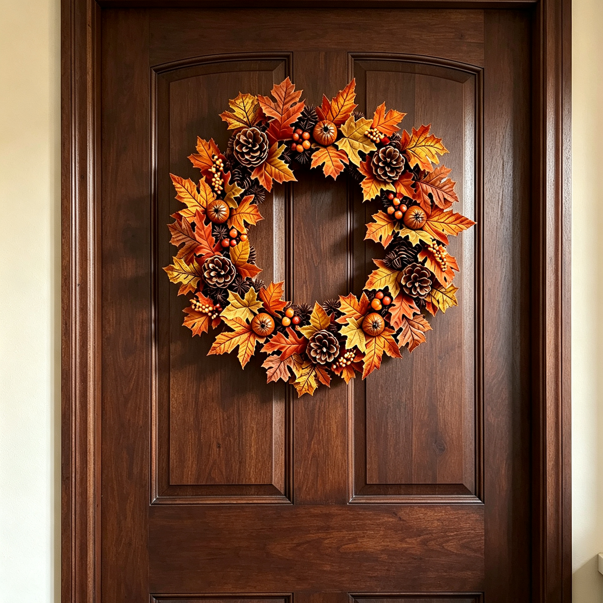 Autumn Harvest LED Wreath with Maple Leaves Pumpkins & Pinecones 60cm