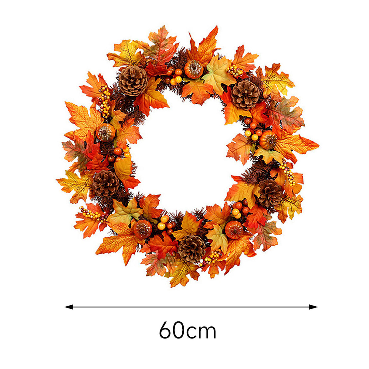 Autumn Harvest LED Wreath with Maple Leaves Pumpkins & Pinecones 60cm