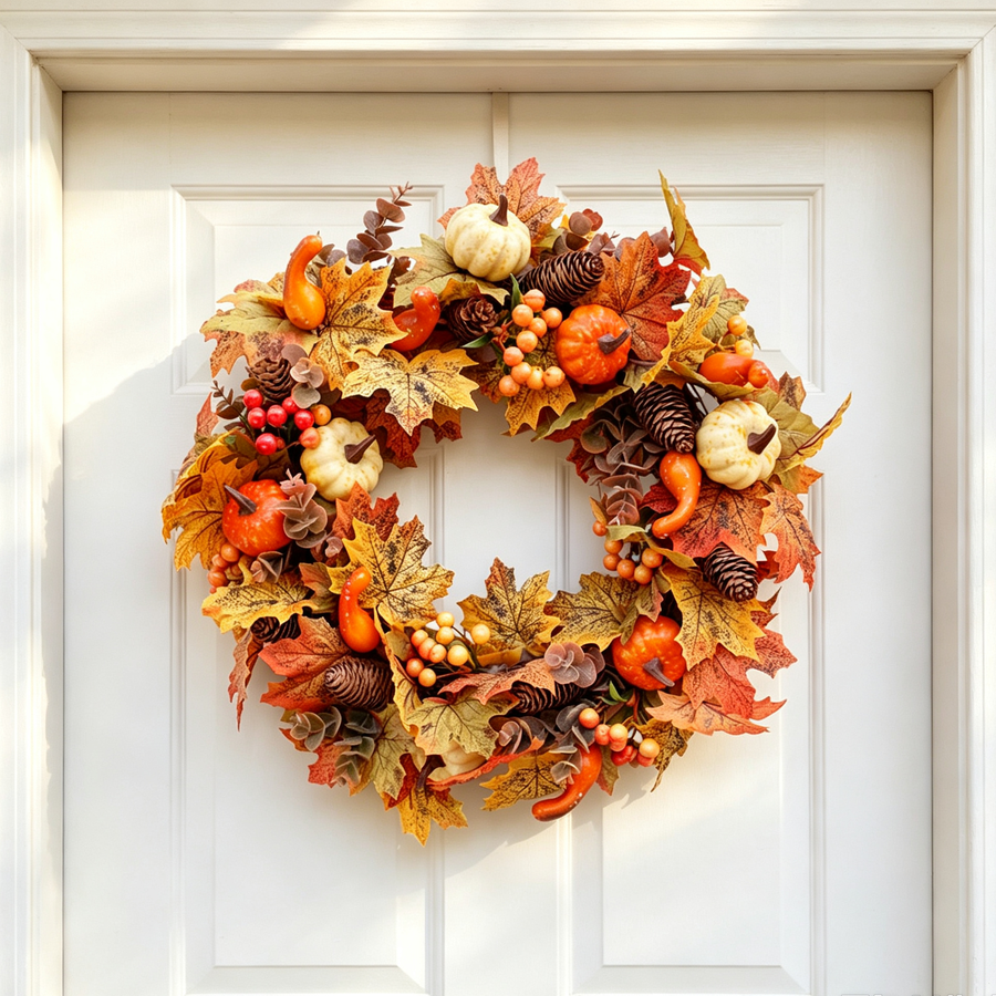 Autumn Harvest LED Wreath with Maple Leaf Pumpkins & Pinecones 50cm