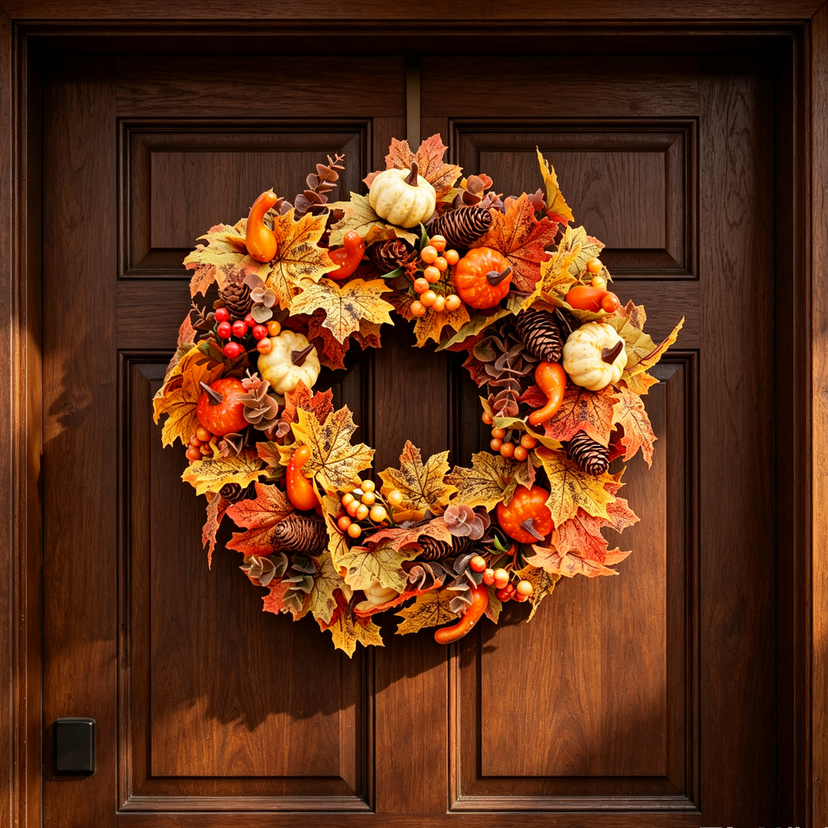 Autumn Harvest LED Wreath with Maple Leaf Pumpkins & Pinecones 50cm