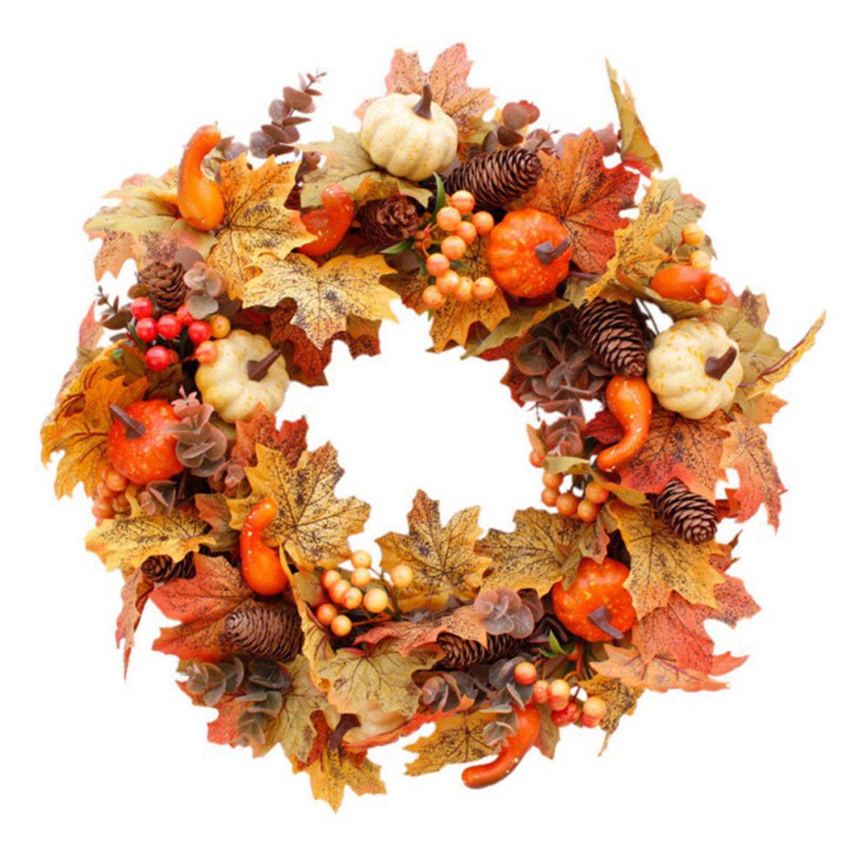 Autumn Harvest LED Wreath with Maple Leaf Pumpkins & Pinecones 50cm
