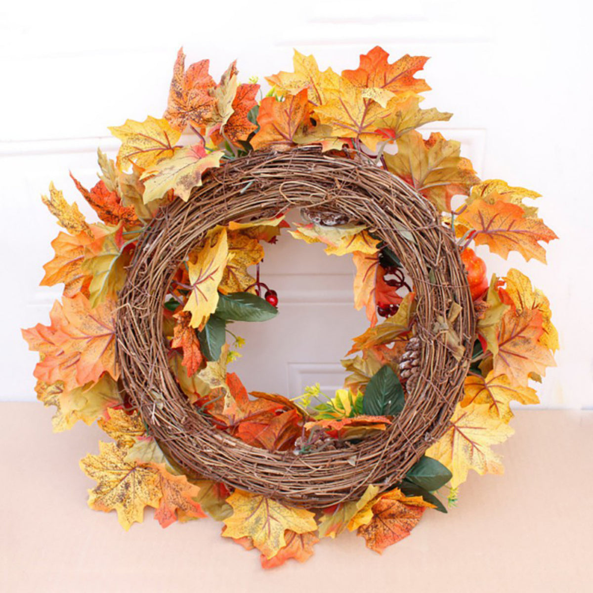 Autumn Harvest LED Wreath with Maple Leaf Pumpkins & Pinecones 50cm