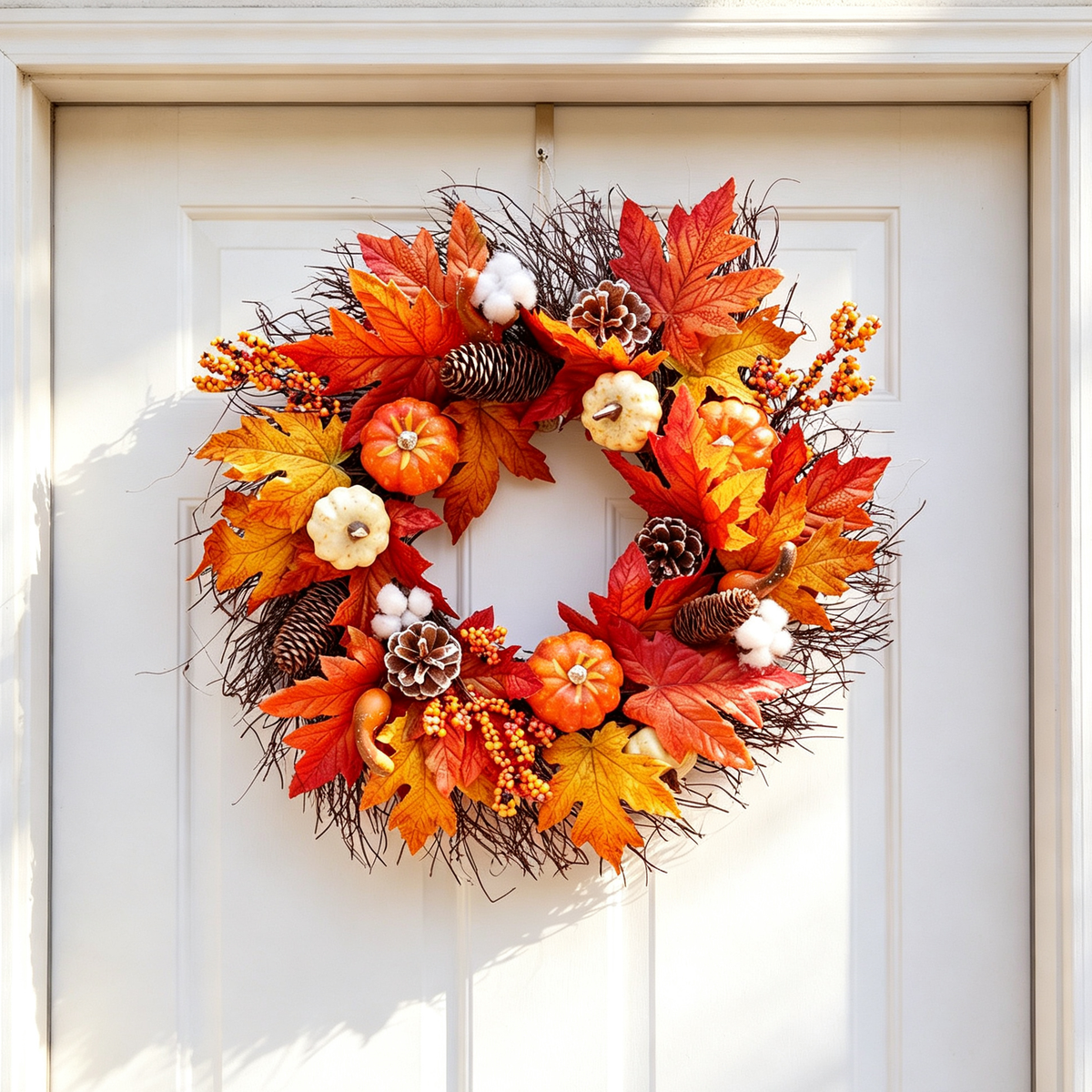 Autumn Harvest LED Wreath with Maple Leaf Pumpkins & Pinecones 55cm