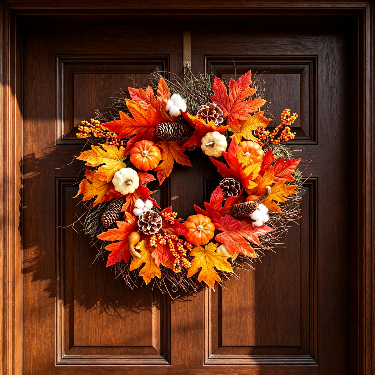Autumn Harvest LED Wreath with Maple Leaf Pumpkins & Pinecones 55cm