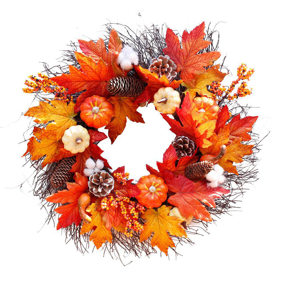 Autumn Harvest LED Wreath with Maple Leaf Pumpkins & Pinecones 55cm