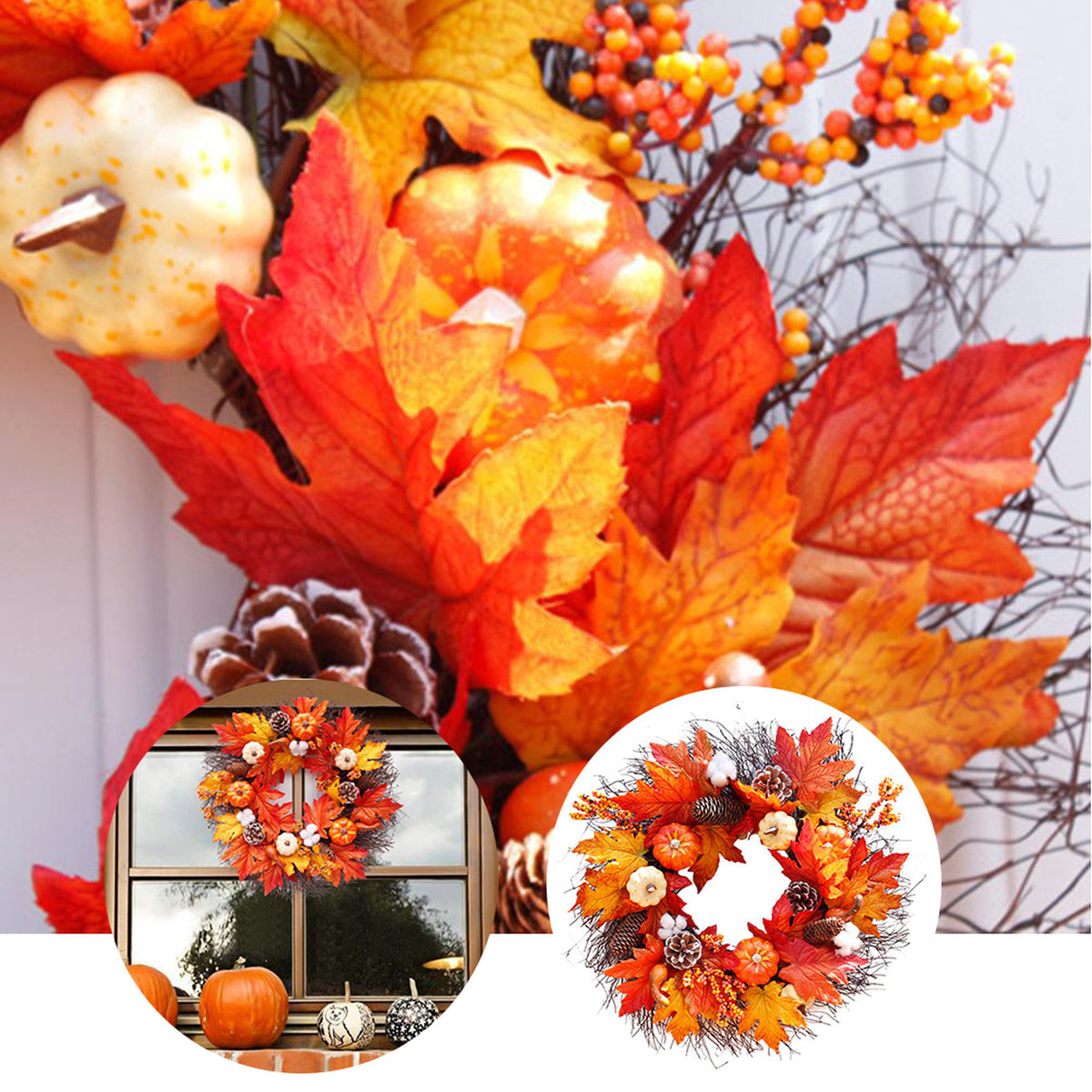 Autumn Harvest LED Wreath with Maple Leaf Pumpkins & Pinecones 55cm