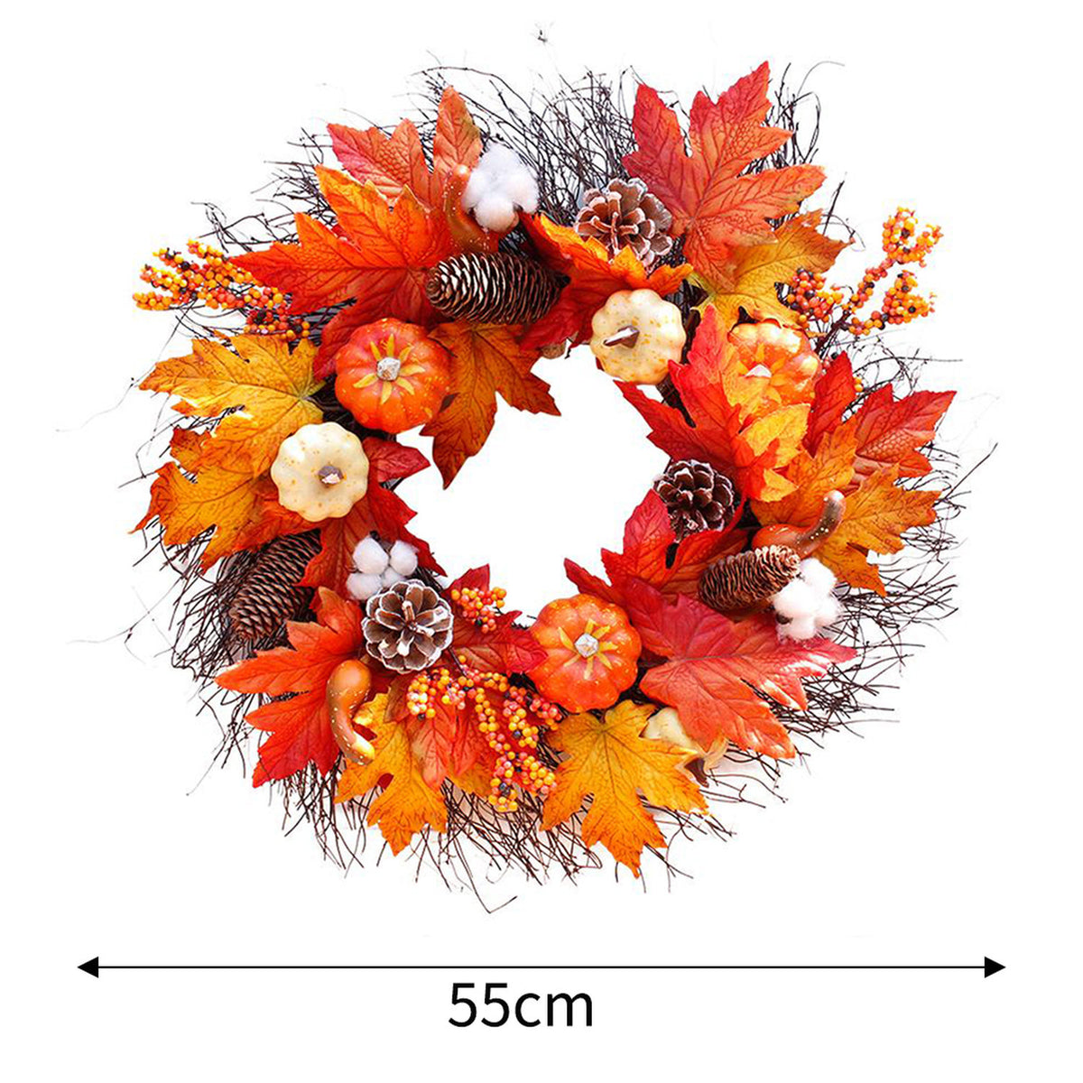 Autumn Harvest LED Wreath with Maple Leaf Pumpkins & Pinecones 55cm