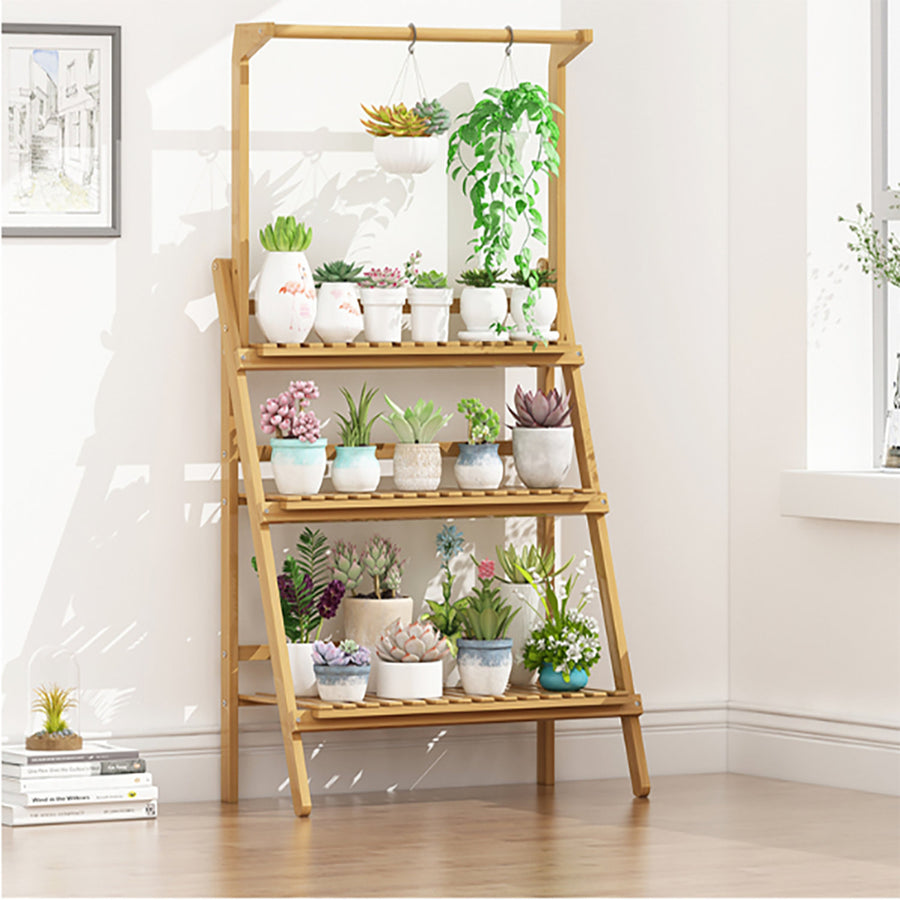 3 Tier Natural Ladder Shelf with Hanging Rod