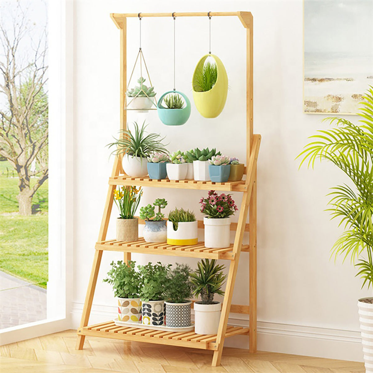 3 Tier Natural Ladder Shelf with Hanging Rod