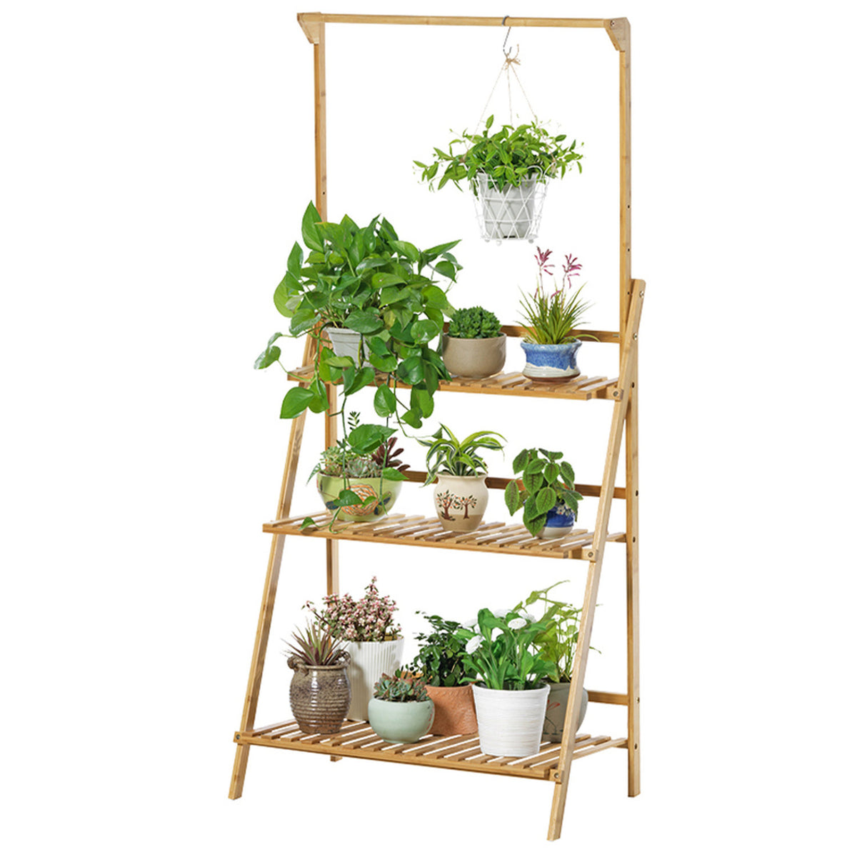 3 Tier Natural Ladder Shelf with Hanging Rod