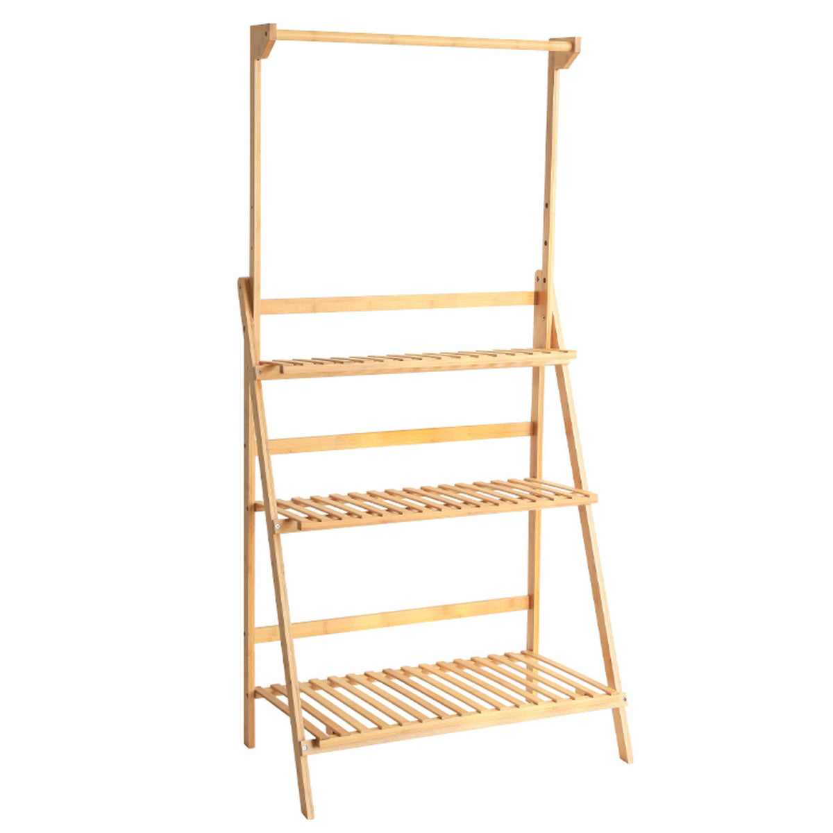 3 Tier Natural Ladder Shelf with Hanging Rod