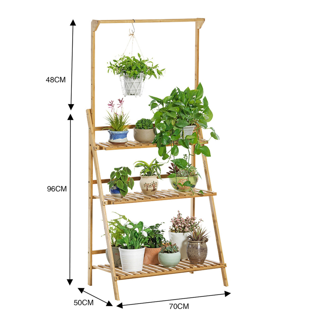 3 Tier Natural Ladder Shelf with Hanging Rod